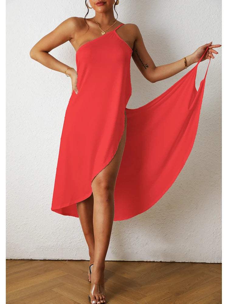 Robe Femme - Asymétrique Une Épaule - Coupe Fluide - Fendue Élégante