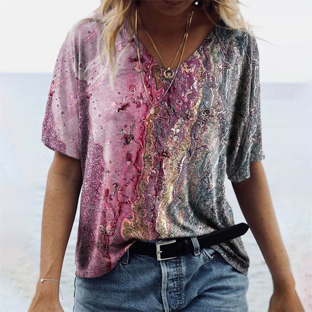 T-shirt col V femme – Coupe décontractée – Manches courtes – Motif boho – Tissu respirant