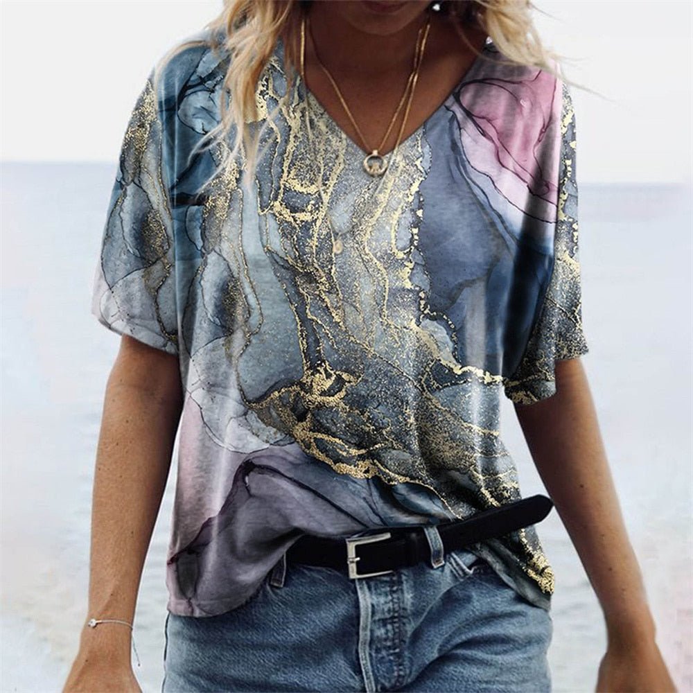T-shirt col V femme – Coupe décontractée – Manches courtes – Motif boho – Tissu respirant