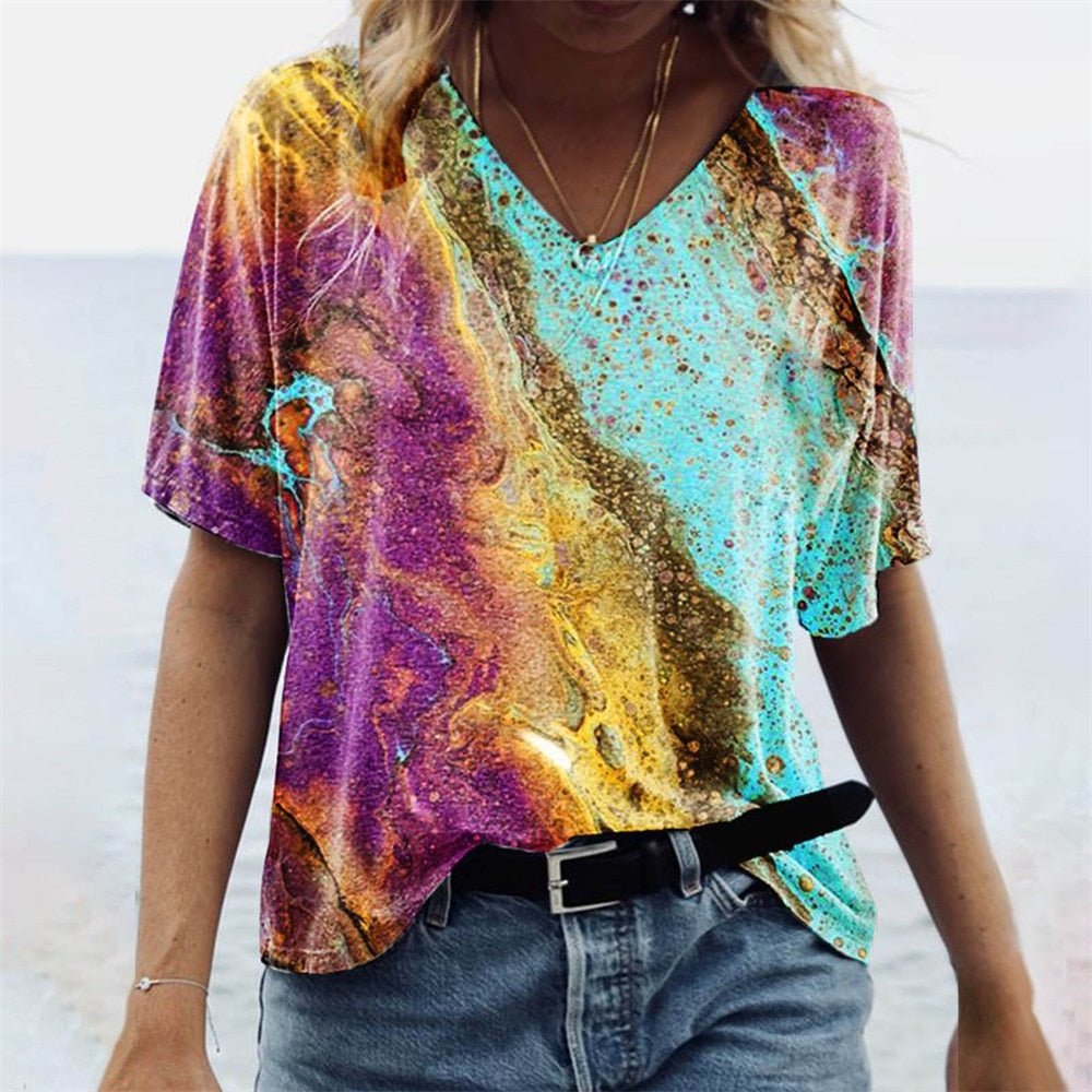T-shirt col V femme – Coupe décontractée – Manches courtes – Motif boho – Tissu respirant