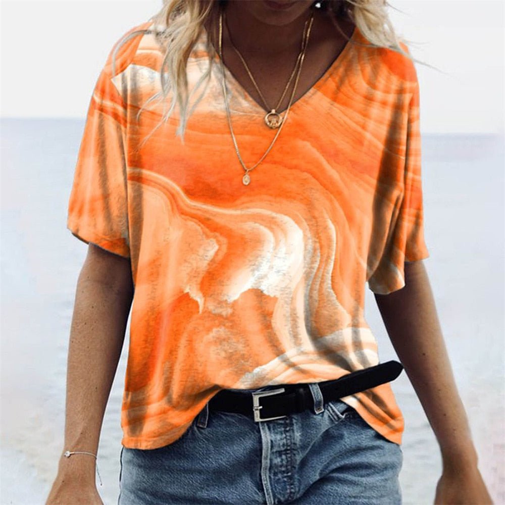 T-shirt col V femme – Coupe décontractée – Manches courtes – Motif boho – Tissu respirant
