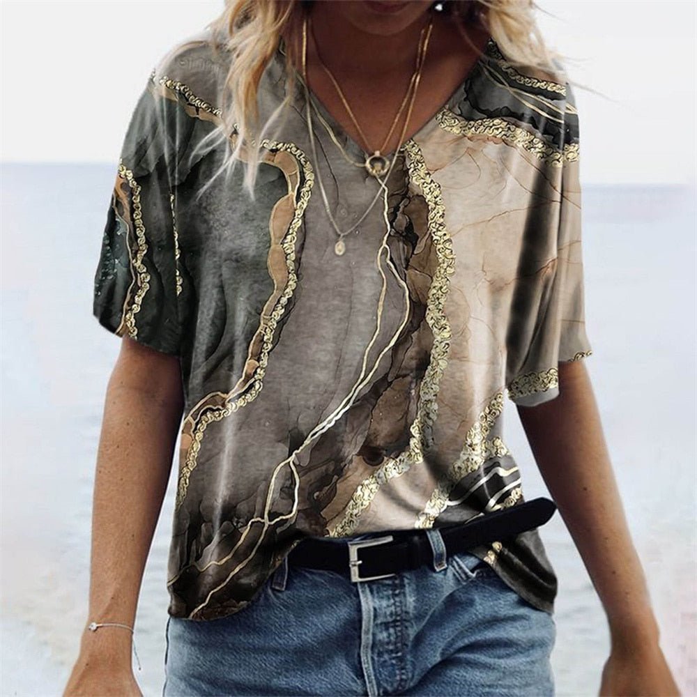 T-shirt col V femme – Coupe décontractée – Manches courtes – Motif boho – Tissu respirant