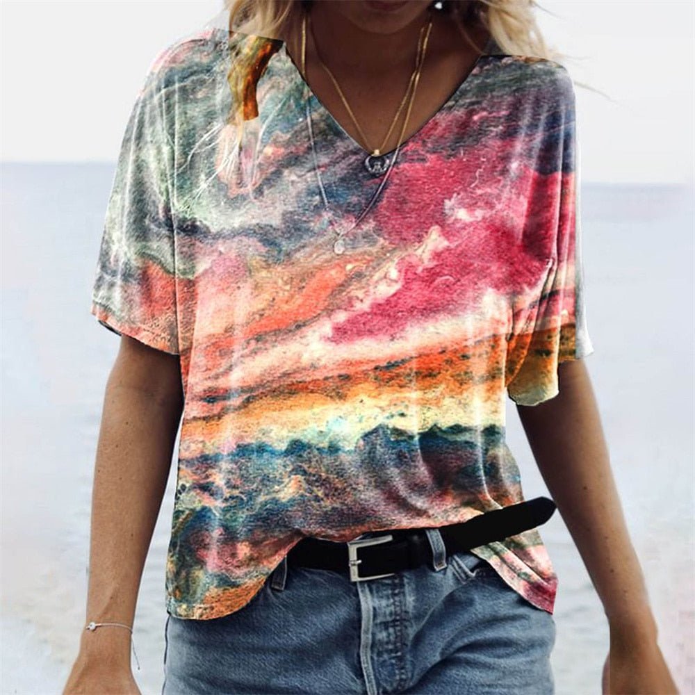 T-shirt col V femme – Coupe décontractée – Manches courtes – Motif boho – Tissu respirant