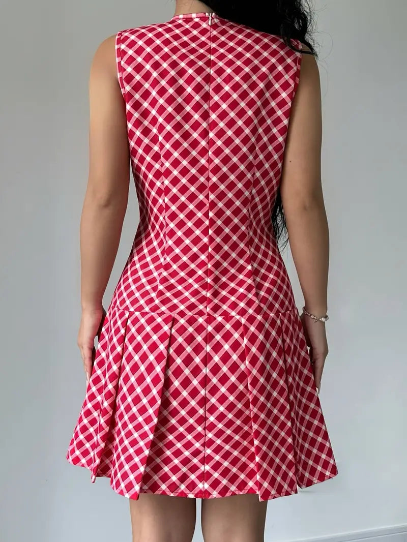 Robe Femme Sans Manches - Coupe Cintrée - Motif Carreaux - Jupe Évasée