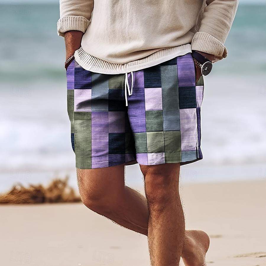Short Homme - Coupe Décontractée - Motif Patchwork - Taille Cordon Ajustable
