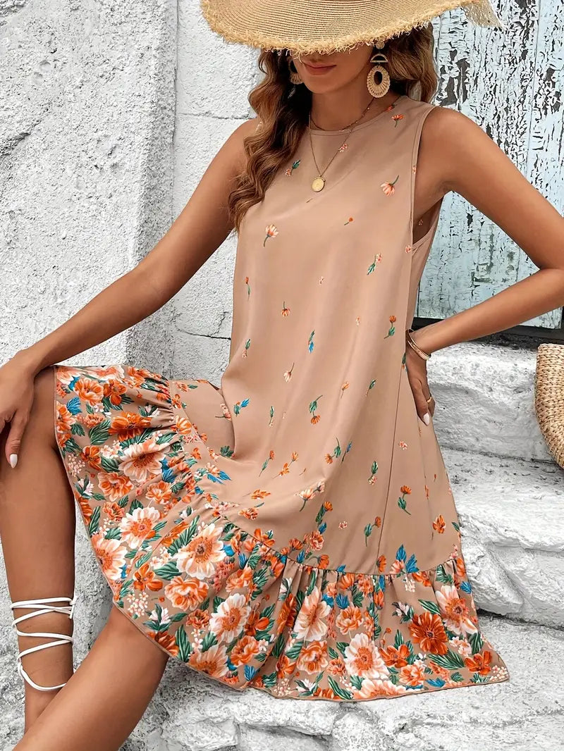 Robe Sans Manches Femme - Coupe Fluide - Imprimé Fleuri - Ourlet Volanté