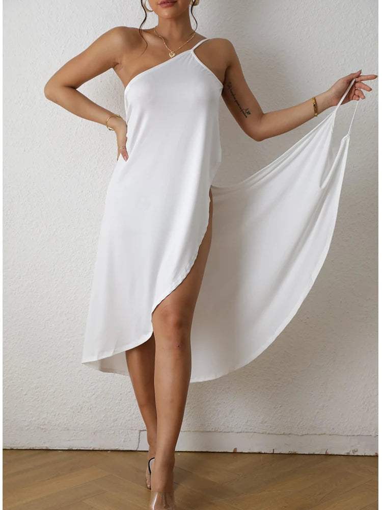 Robe Femme - Asymétrique Une Épaule - Coupe Fluide - Fendue Élégante