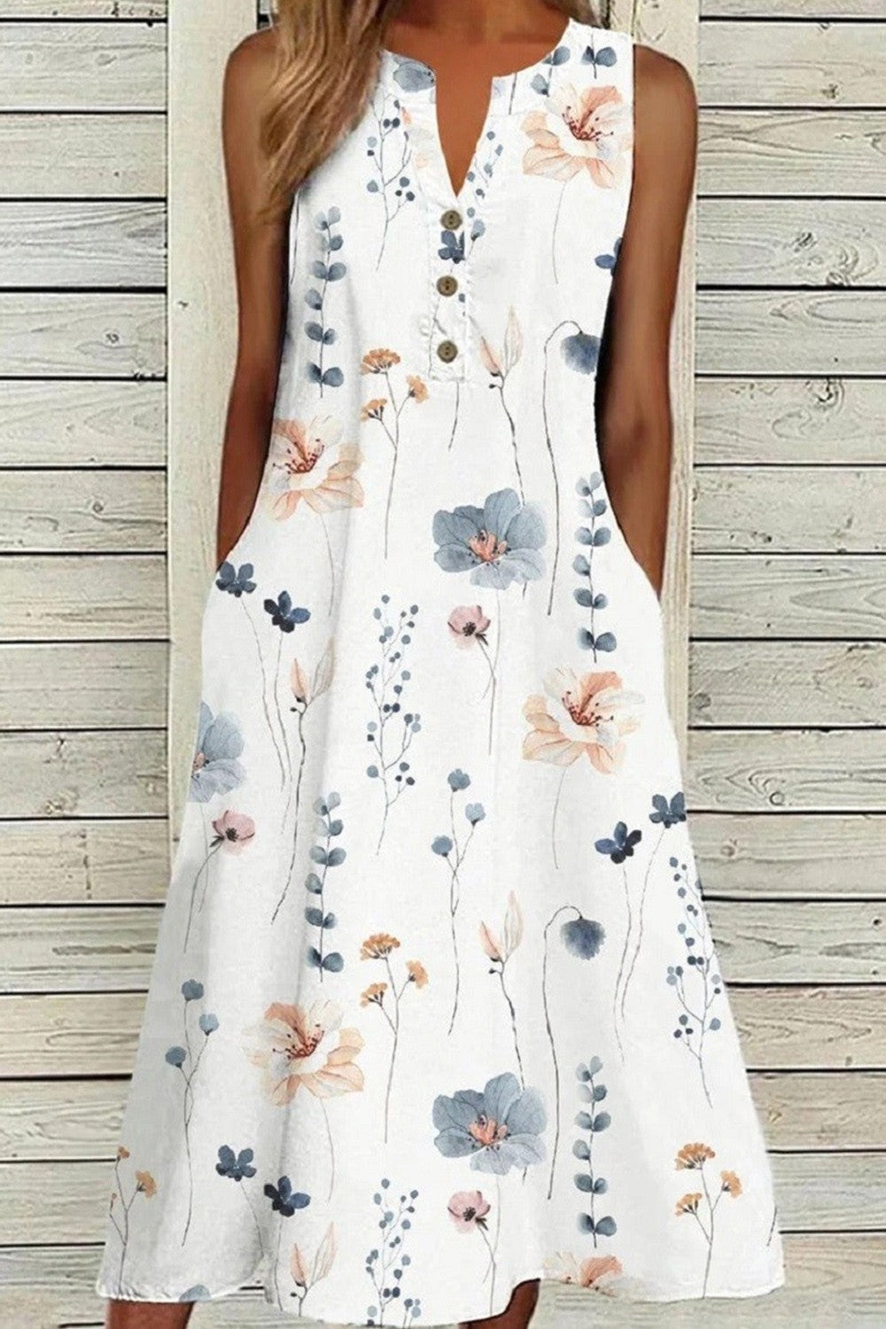 Robe midi femme – Coupe décontractée – Sans manches – Col V – Imprimé fleuri – Tissu respirant