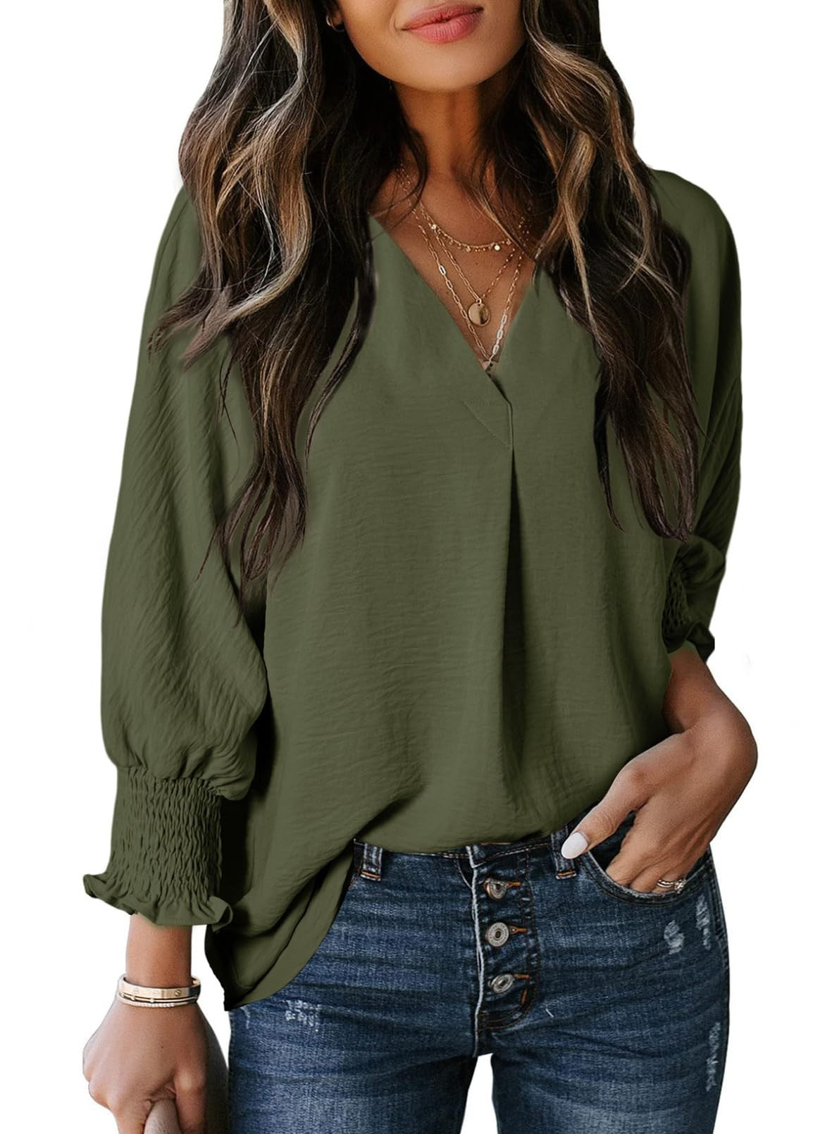 T-shirt femme – Col en V – Manches 3/4 smockées – Coupe ample – Maille douce