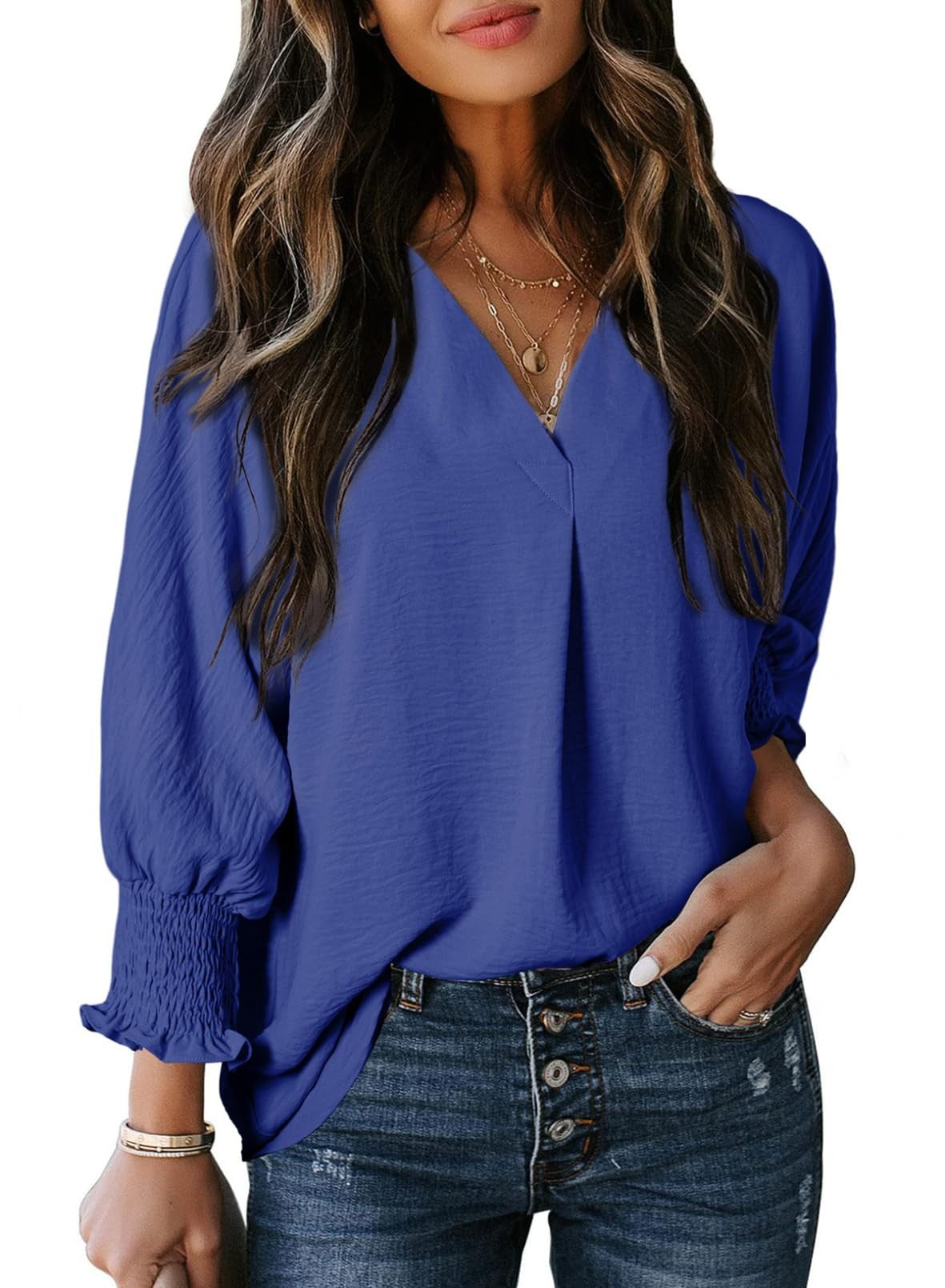 T-shirt femme – Col en V – Manches 3/4 smockées – Coupe ample – Maille douce