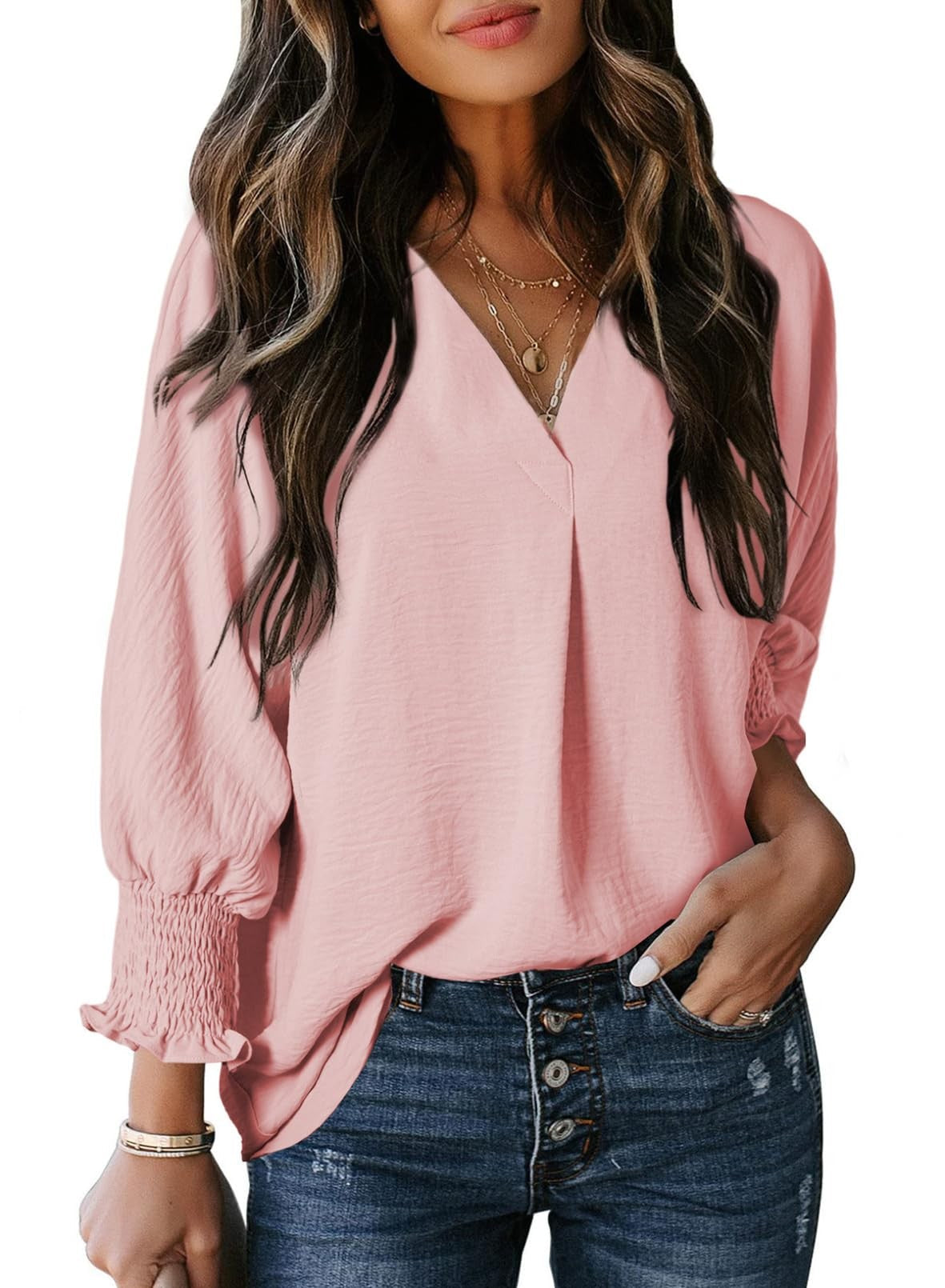 T-shirt femme – Col en V – Manches 3/4 smockées – Coupe ample – Maille douce