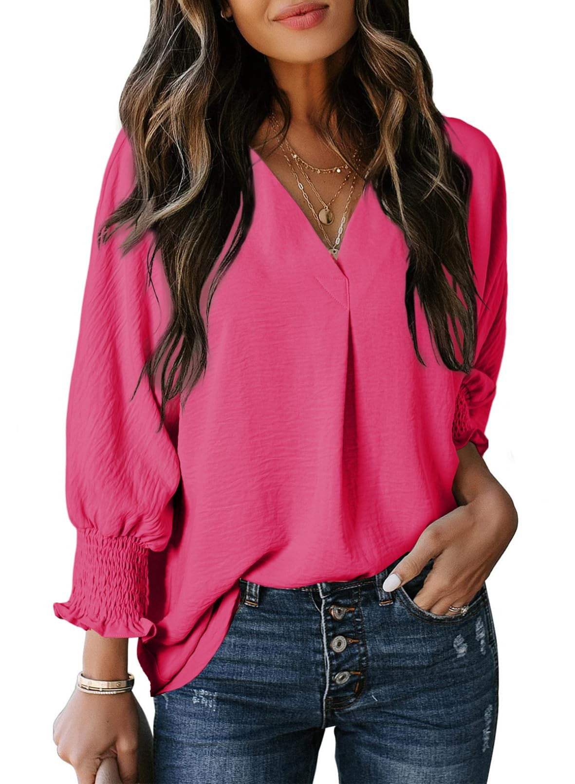 T-shirt femme – Col en V – Manches 3/4 smockées – Coupe ample – Maille douce
