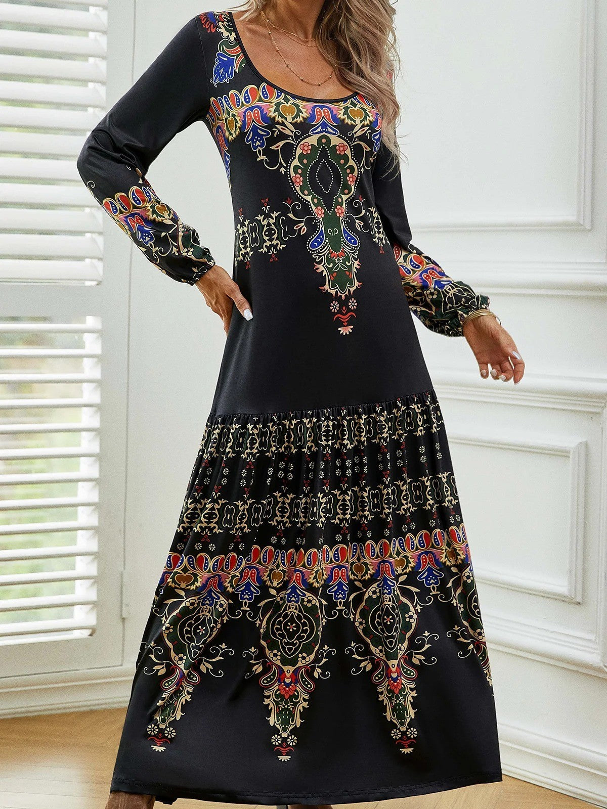 Robe longue femme – Coupe fluide – Imprimé vintage – Manches longues – Tissu respirant