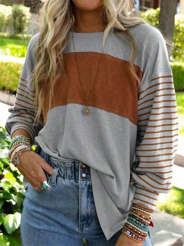 Blouse femme – Coupe oversize – Manches longues à motifs – Col rond – Tissu respirant