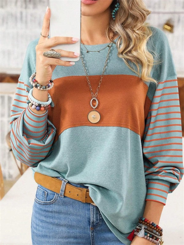 Blouse femme – Coupe oversize – Manches longues à motifs – Col rond – Tissu respirant