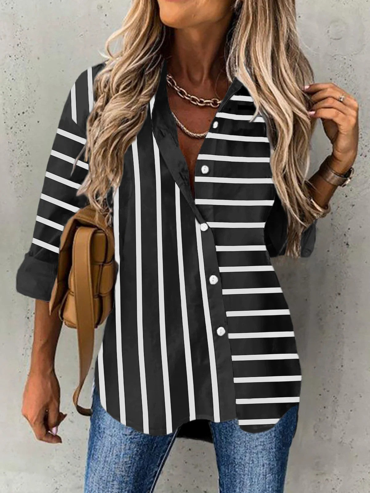 Blouse femme – Coupe ample – Tissu respirant – Manches longues – Rayures verticales
