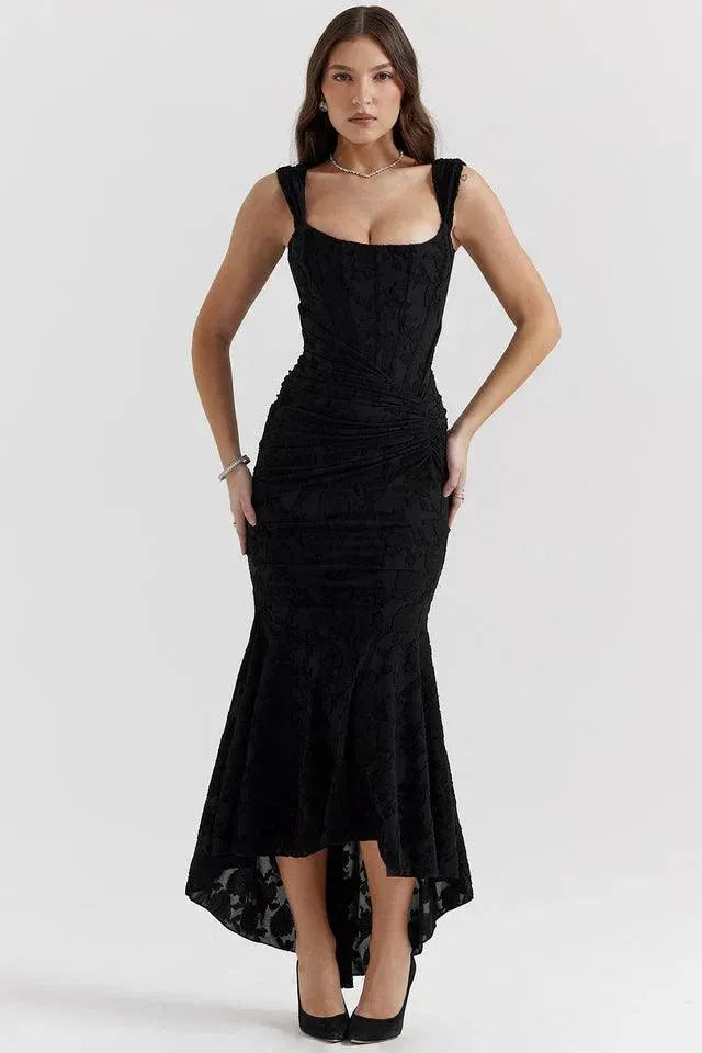 Robe de Soirée Femme - Épaules Dénudées - Corset Ajusté - Dentelle Florale Élégante