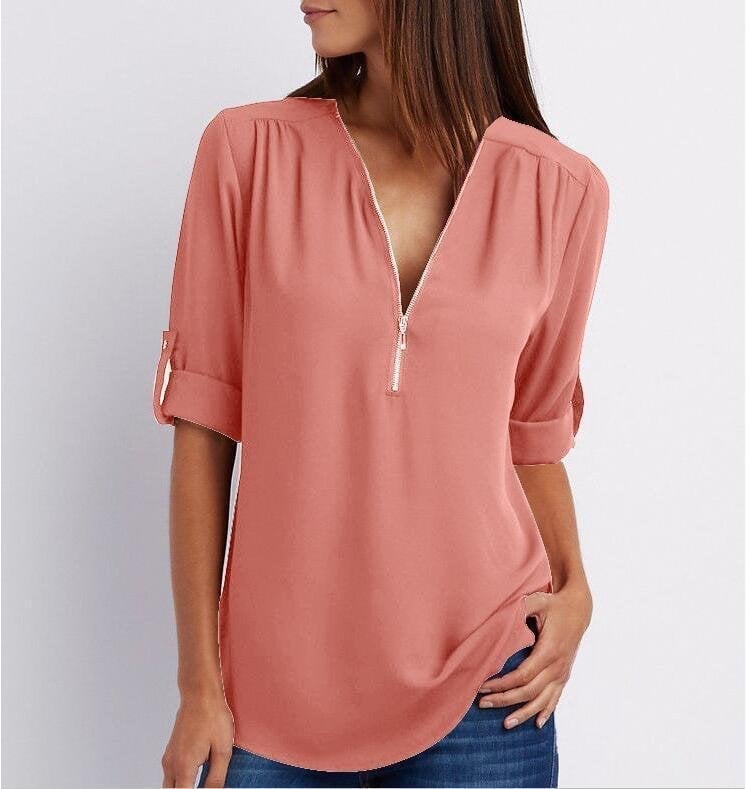Blouse femme – Coupe décontractée – Tissu respirant – Demi-zip – Manches 3/4 retroussables
