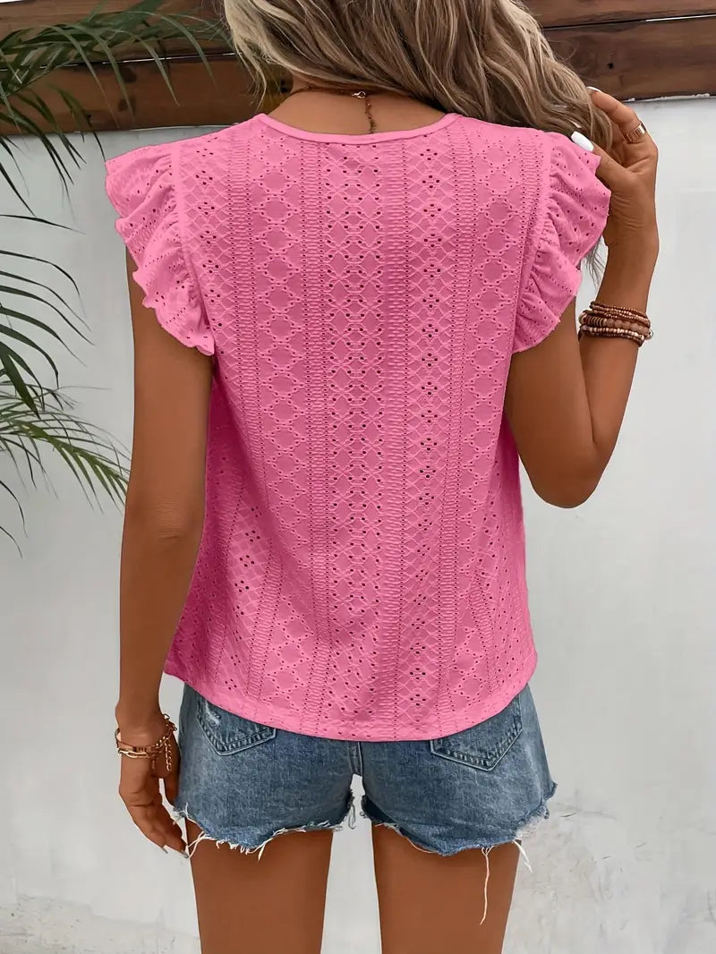 Blouse Femme - Broderie Anglaise - Manches Volants - Coupe Ample - Col Rond