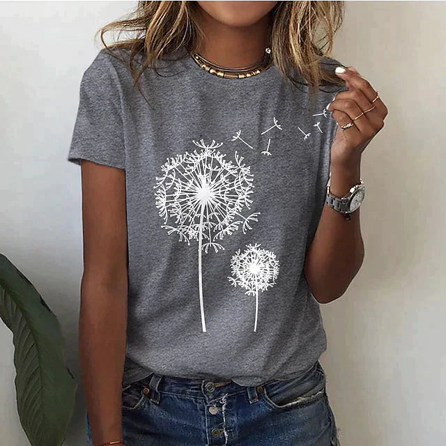 T-shirt Femme - Col Rond - Manches Courtes - Coupe Confort - Motif Pissenlit Graphique