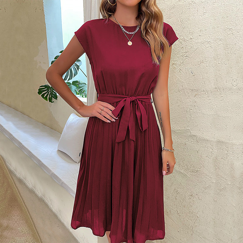 Robe mi-longue à manches courtes pour femme - Ceinture nouée - Jupe plissée souple