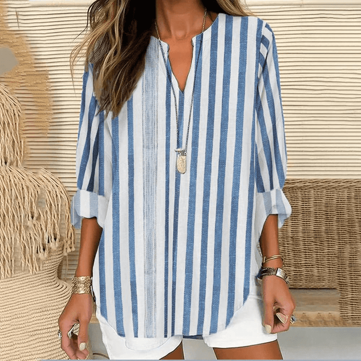 Tunique Femme – Coupe Ample – Fibres Naturelles – Manches 3/4 – Col V Rayé
