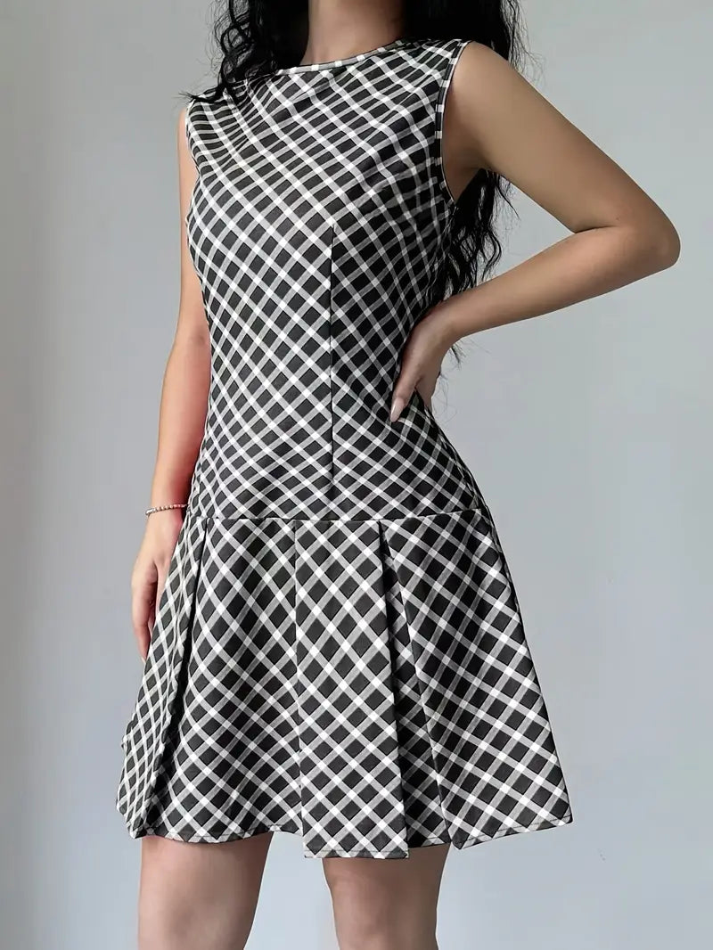 Robe Femme Sans Manches - Coupe Cintrée - Motif Carreaux - Jupe Évasée