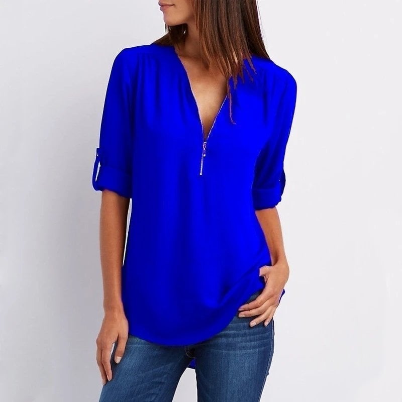 Blouse femme – Coupe décontractée – Tissu respirant – Demi-zip – Manches 3/4 retroussables
