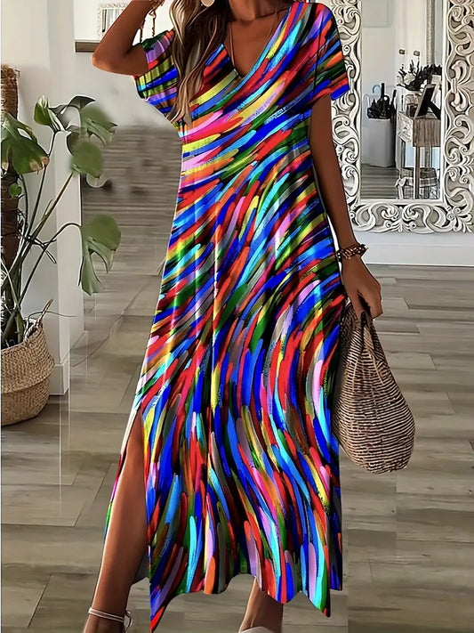 Robe Maxi Femme - Coupe Fluide - Col V - Manches Courtes - Motif Abstrait