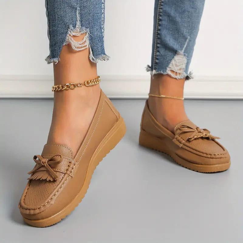 Mocassins Femme - Cuir Véritable - Bout Rond - Nœud Élégant - Confort Décontracté