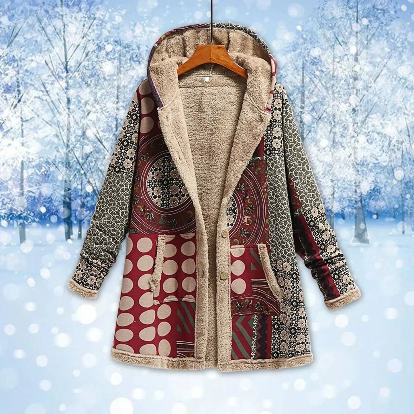 Veste longue femme – Coupe décontractée – Capuche – Design patchwork – Doublée chaude