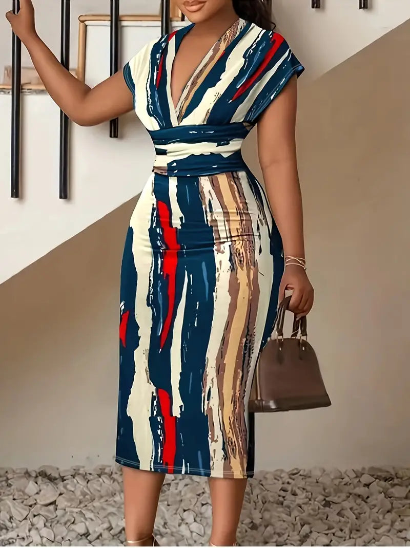 Robe Midi Femme - Cintrée Patchwork Denim - Manches Courtes Col V Chic