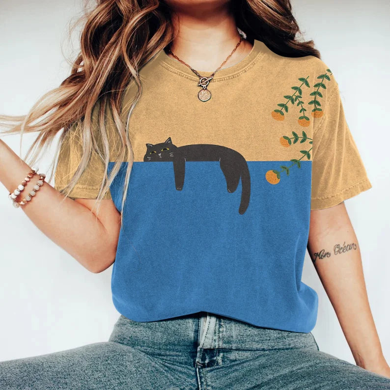 T-shirt Femme - Coupe Classique - Col Rond - Motif Graphique Chat Décontracté