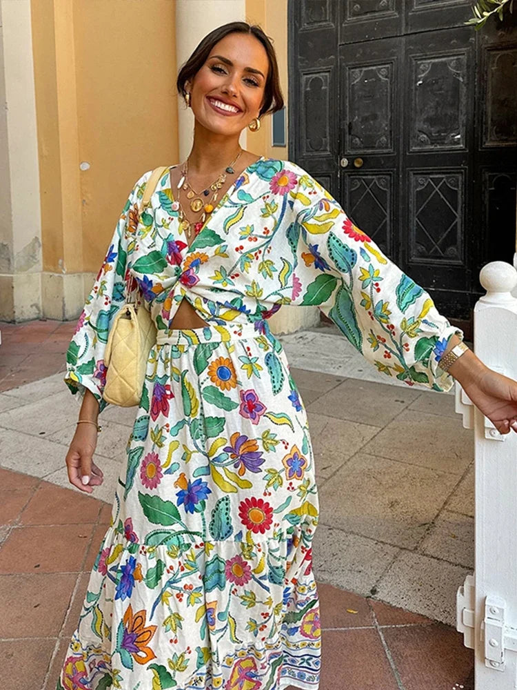Ensemble Jupe et Top Femme - Style Cache-Cœur - Manches Longues - Motif Fleuri - Fluide