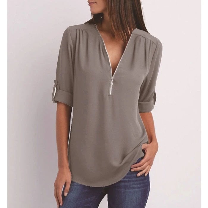 Blouse femme – Coupe décontractée – Tissu respirant – Demi-zip – Manches 3/4 retroussables