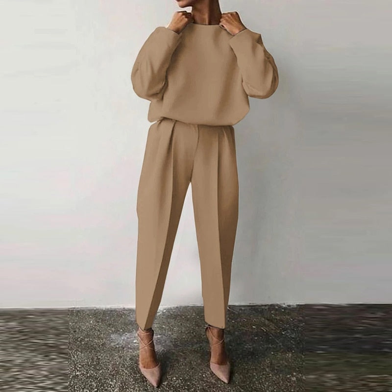 Ensemble Femme 2 Pièces – Haut Ample Manches Ballon – Pantalon Taille Haute Plissé