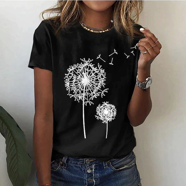 T-shirt Femme - Col Rond - Manches Courtes - Coupe Confort - Motif Pissenlit Graphique
