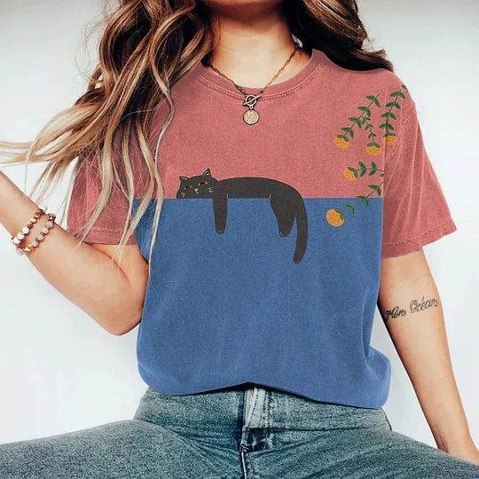 T-shirt Femme - Coupe Classique - Col Rond - Motif Graphique Chat Décontracté
