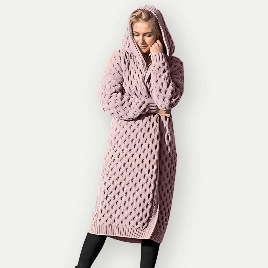 Veste longue femme à capuche – Coupe décontractée – Tricot torsadé – Ouverture frontale
