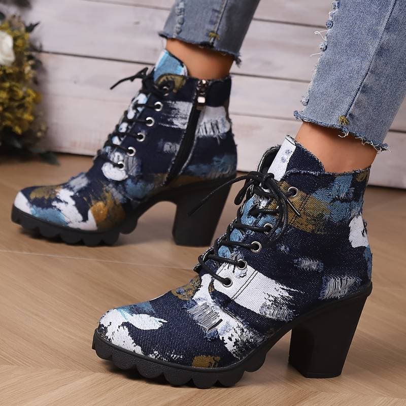 Bottines Femme - Talon Bloc - Lacets & Zip Côté - Motif Artistique Tendance