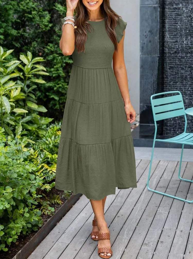 Robe Midi Femme - Corsage Smocké - Manches Courtes Volantées - Tissu Léger et Fluide