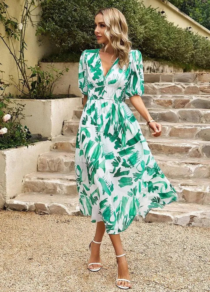 Robe Midi Femme - Imprimé Abstrait - Manches Courtes Bouffantes - Coupe Évasée - Col V