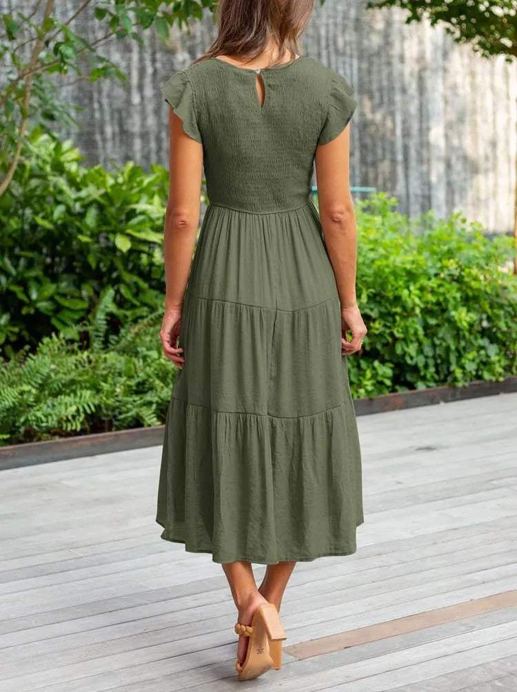 Robe Midi Femme - Corsage Smocké - Manches Courtes Volantées - Tissu Léger et Fluide