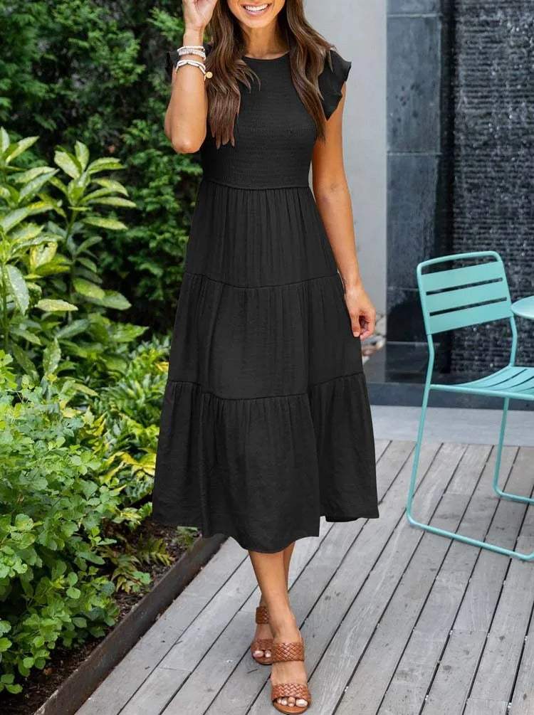 Robe Midi Femme - Corsage Smocké - Manches Courtes Volantées - Tissu Léger et Fluide