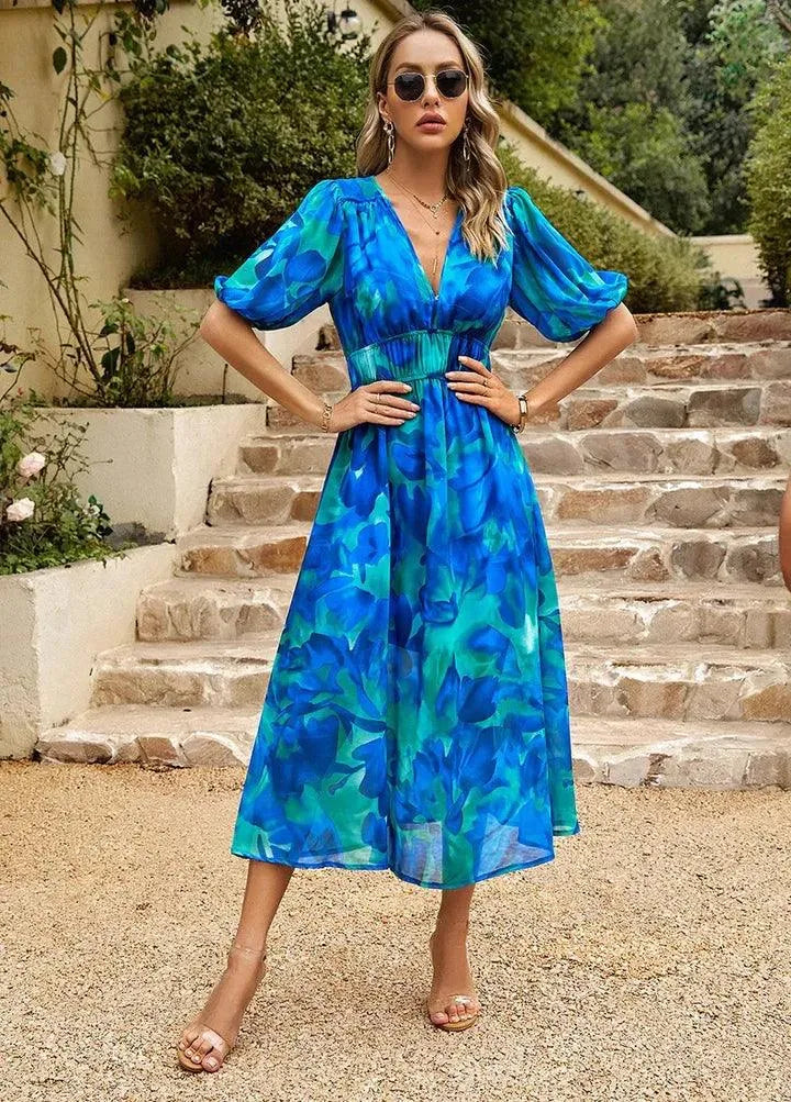 Robe Midi Femme - Imprimé Abstrait - Manches Courtes Bouffantes - Coupe Évasée - Col V