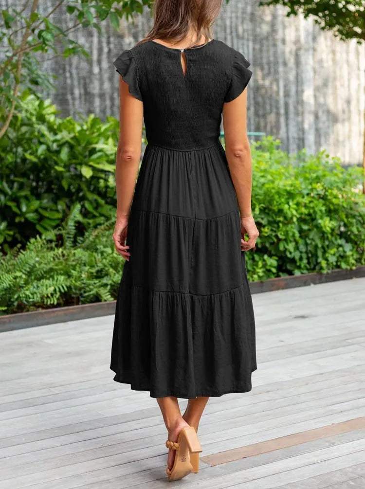 Robe Midi Femme - Corsage Smocké - Manches Courtes Volantées - Tissu Léger et Fluide