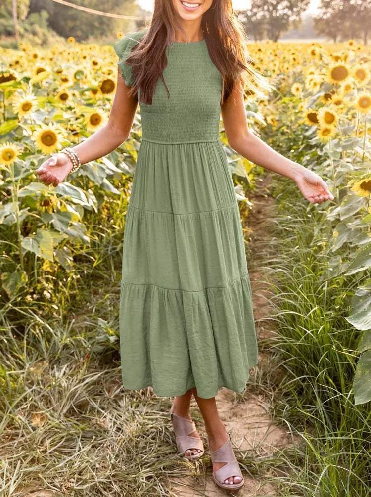 Robe Midi Femme - Corsage Smocké - Manches Courtes Volantées - Tissu Léger et Fluide