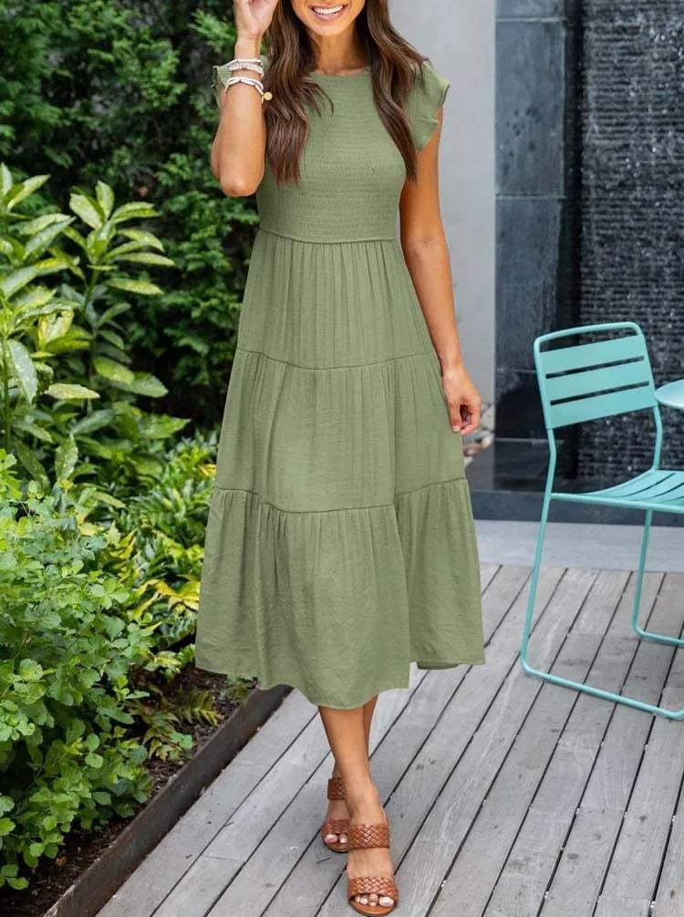 Robe Midi Femme - Corsage Smocké - Manches Courtes Volantées - Tissu Léger et Fluide