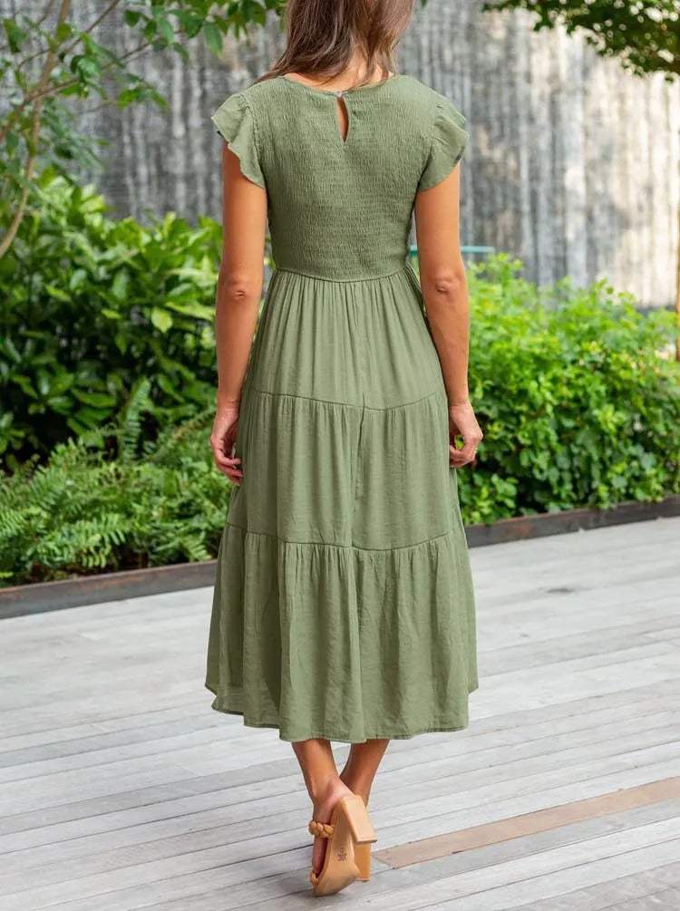 Robe Midi Femme - Corsage Smocké - Manches Courtes Volantées - Tissu Léger et Fluide