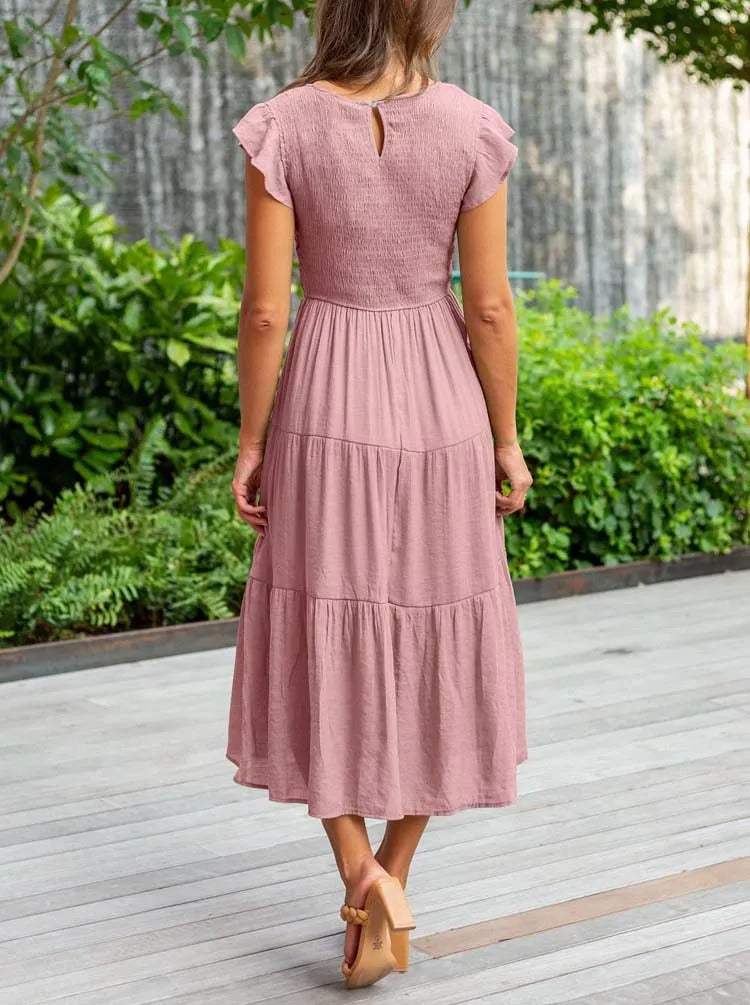 Robe Midi Femme - Corsage Smocké - Manches Courtes Volantées - Tissu Léger et Fluide